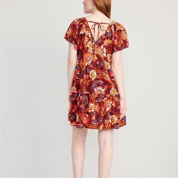 Old Navy V Neck Tiered Mini Swing Dress Size XXL Tall Burgundy/Red/Orange Floral - Picture 2 of 7